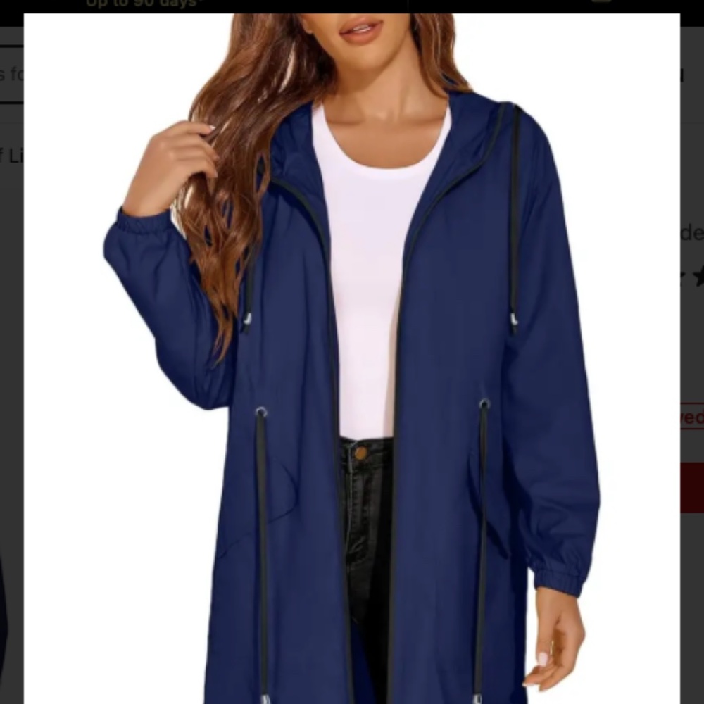 NEW Waterproof Lightweight Women's Long Rain Jacket Hooded- Navy Blue- Small